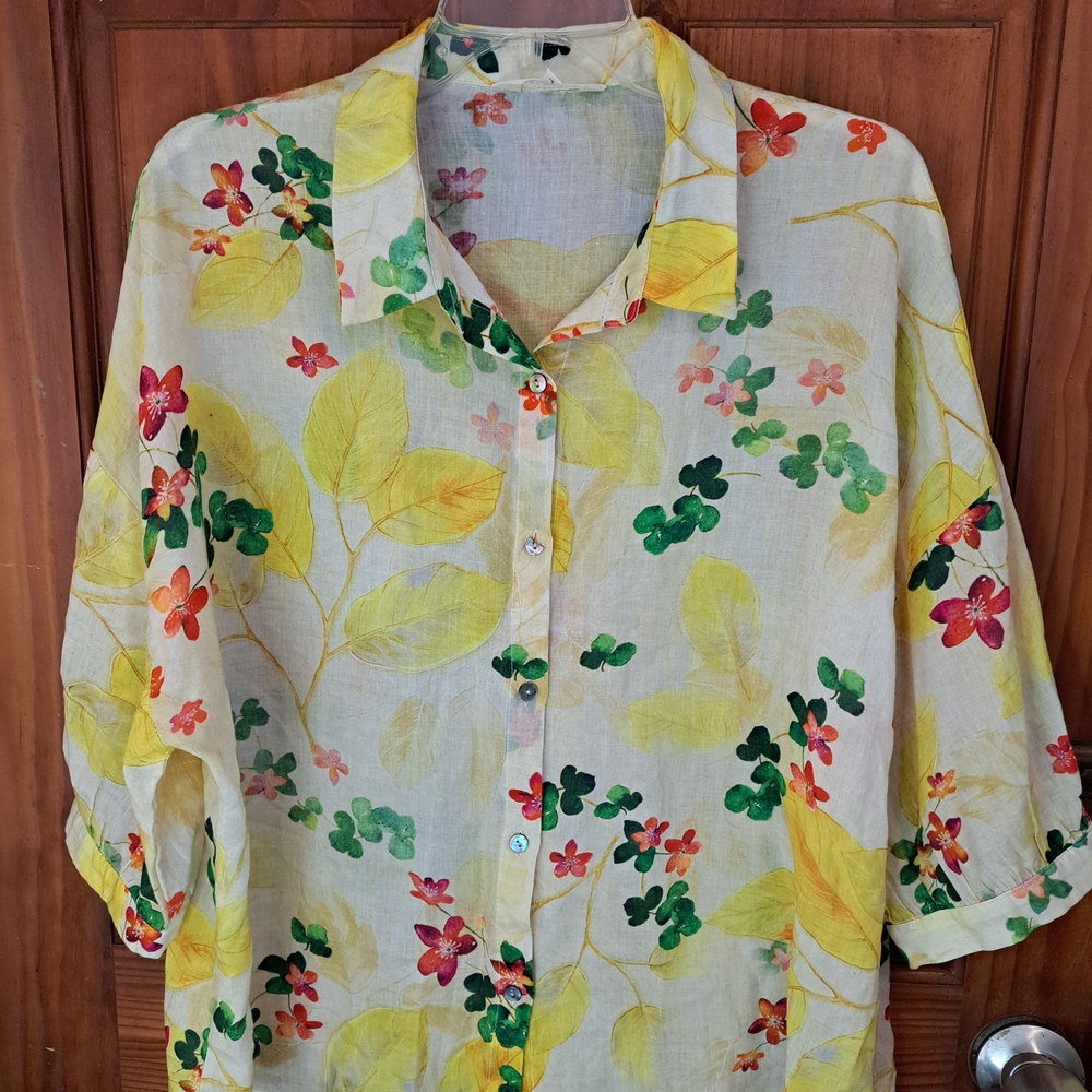 Yellow Floral Button-Down Linen Blend Shirt
